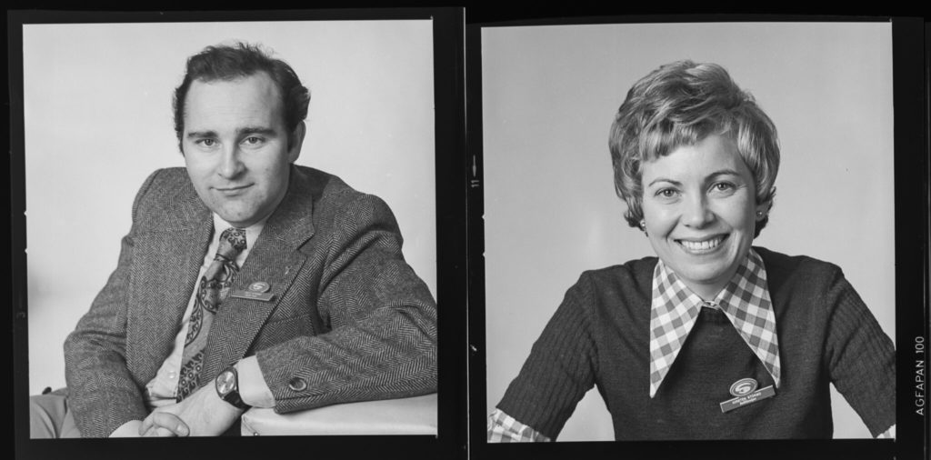 Two black and white portraits, a man and a woman.